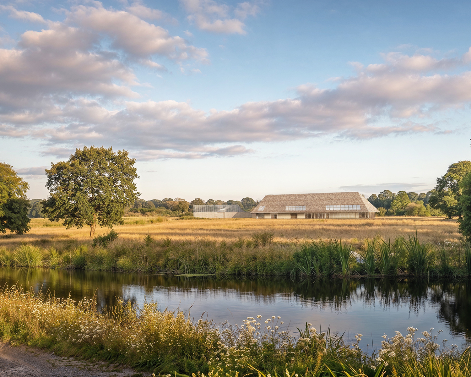 CGI view across lakes and fields to Mines Park